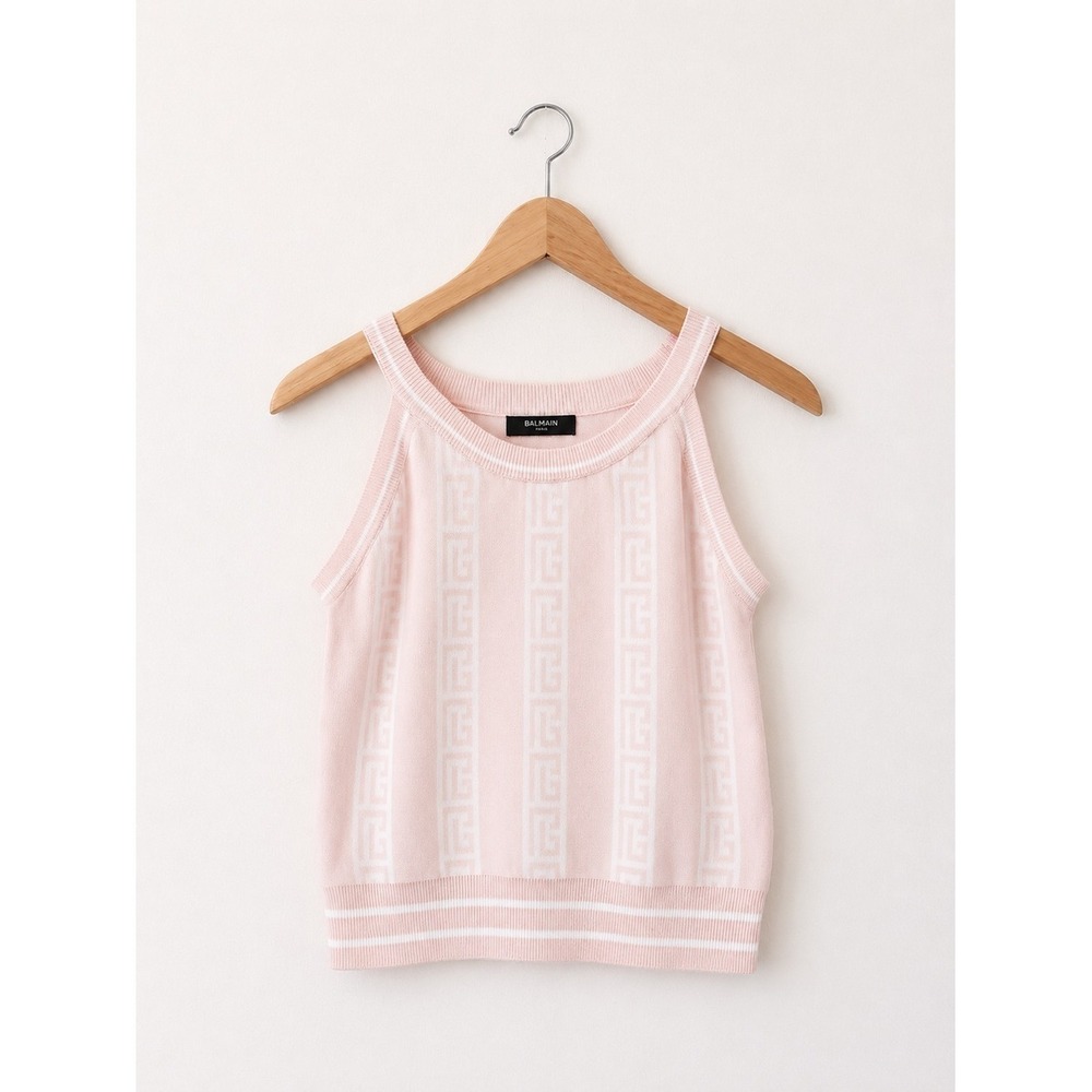 Balmain Paris PB Monogram Knit Tank Top Size S Pink White Cotton